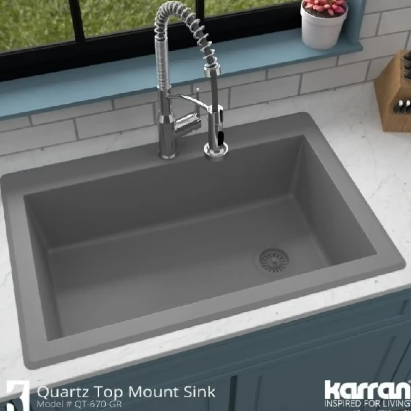 Karran 33" Drop In/Topmount Quartz Composite Kitchen Sink, Grey, QT-670-GR