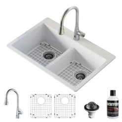 Karran 33" Drop In/Topmount Quartz Composite Kitchen Sink with Stainless Steel Faucet and Accessories, 50/50 Double Bowl, White, QT810WHKKF340SS
