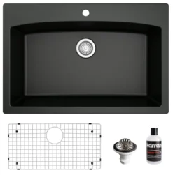 Karran 33" Drop In/Topmount Quartz Composite Kitchen Sink, Black, QT-712-BL-PK1