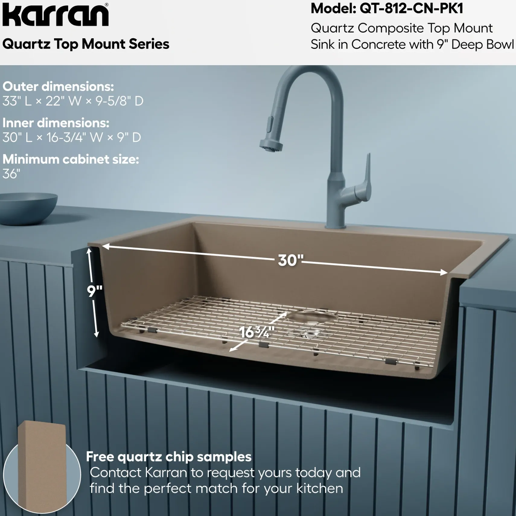 Karran 33" Drop In/Topmount Quartz Composite Kitchen Sink with Accessories, Concrete, QT-812-CN-PK1