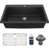 Karran 33" Drop In/Topmount Quartz Composite Kitchen Sink with Accessories, Black, QT-812-BL-PK1