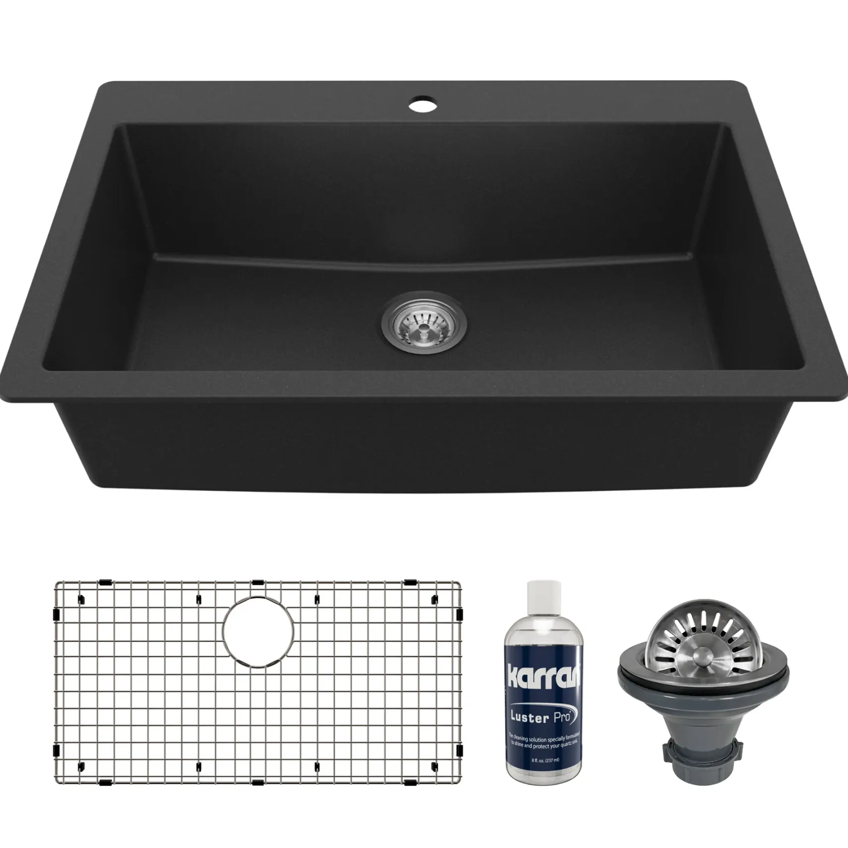 Karran 33" Drop In/Topmount Quartz Composite Kitchen Sink with Accessories, Black, QT-812-BL-PK1