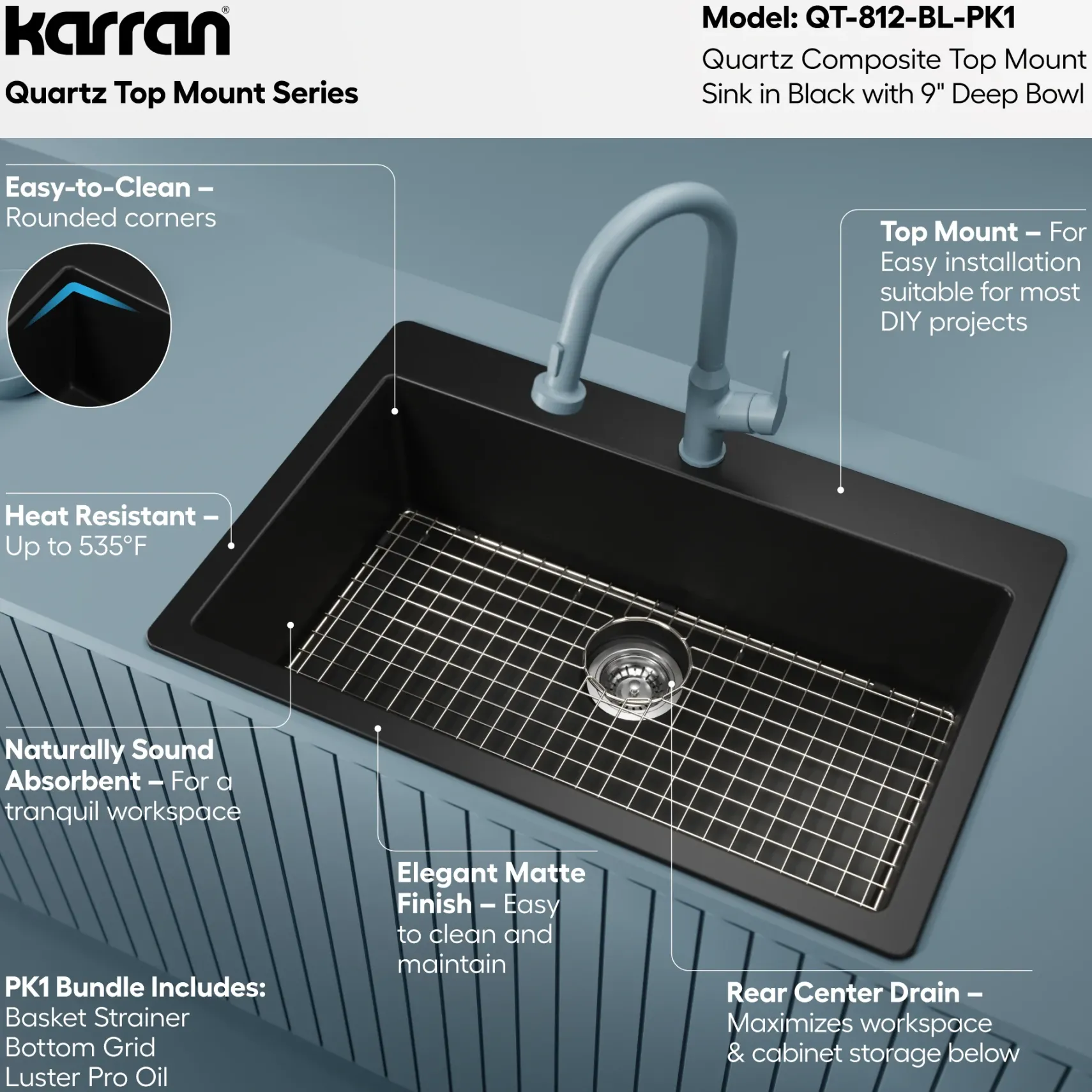 Karran 33" Drop In/Topmount Quartz Composite Kitchen Sink with Accessories, Black, QT-812-BL-PK1