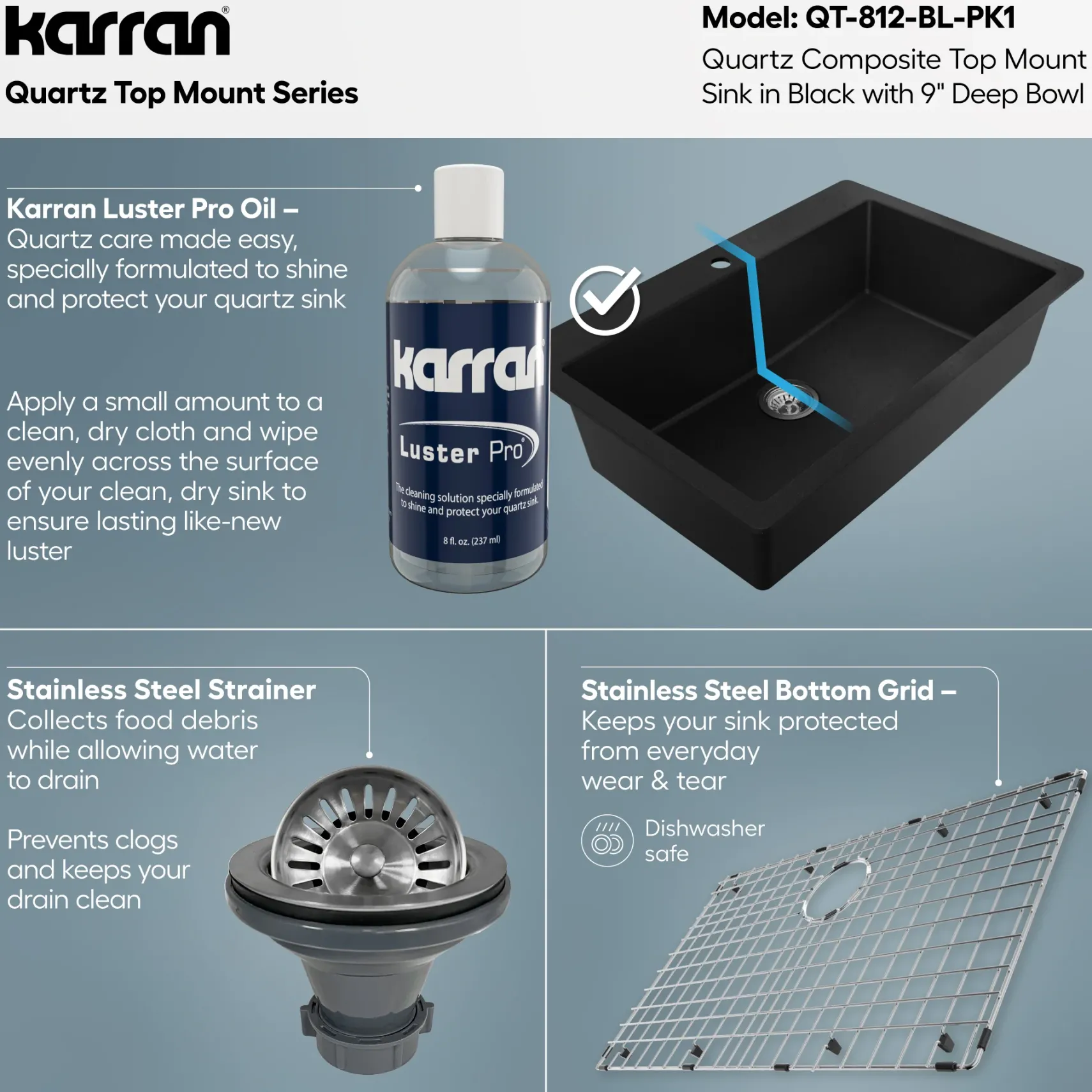 Karran 33" Drop In/Topmount Quartz Composite Kitchen Sink with Accessories, Black, QT-812-BL-PK1