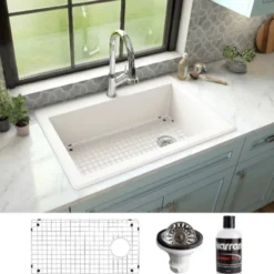 Karran 33" Drop In/Topmount Quartz Composite Kitchen Sink, White, QT-670-WH-PK1