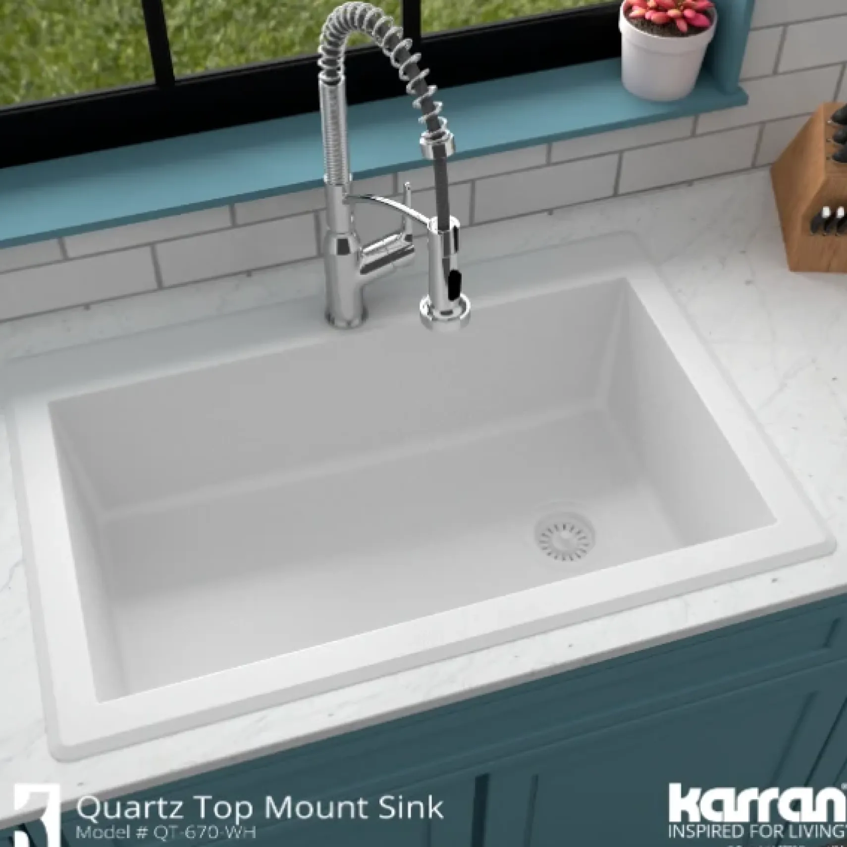 Karran 33" Drop In/Topmount Quartz Composite Kitchen Sink, White, QT-670-WH-PK1