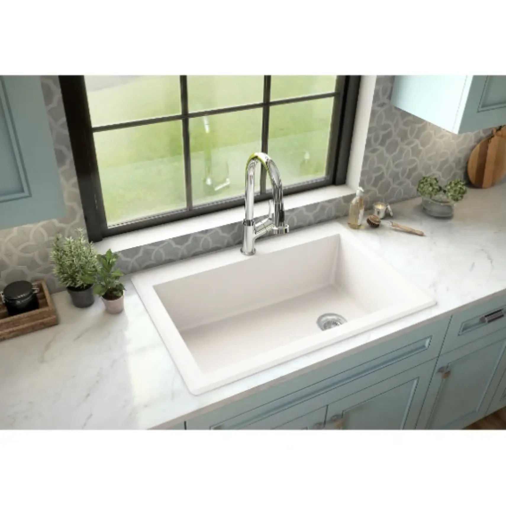 Karran 33" Drop In/Topmount Quartz Composite Kitchen Sink, White, QT-670-WH-PK1