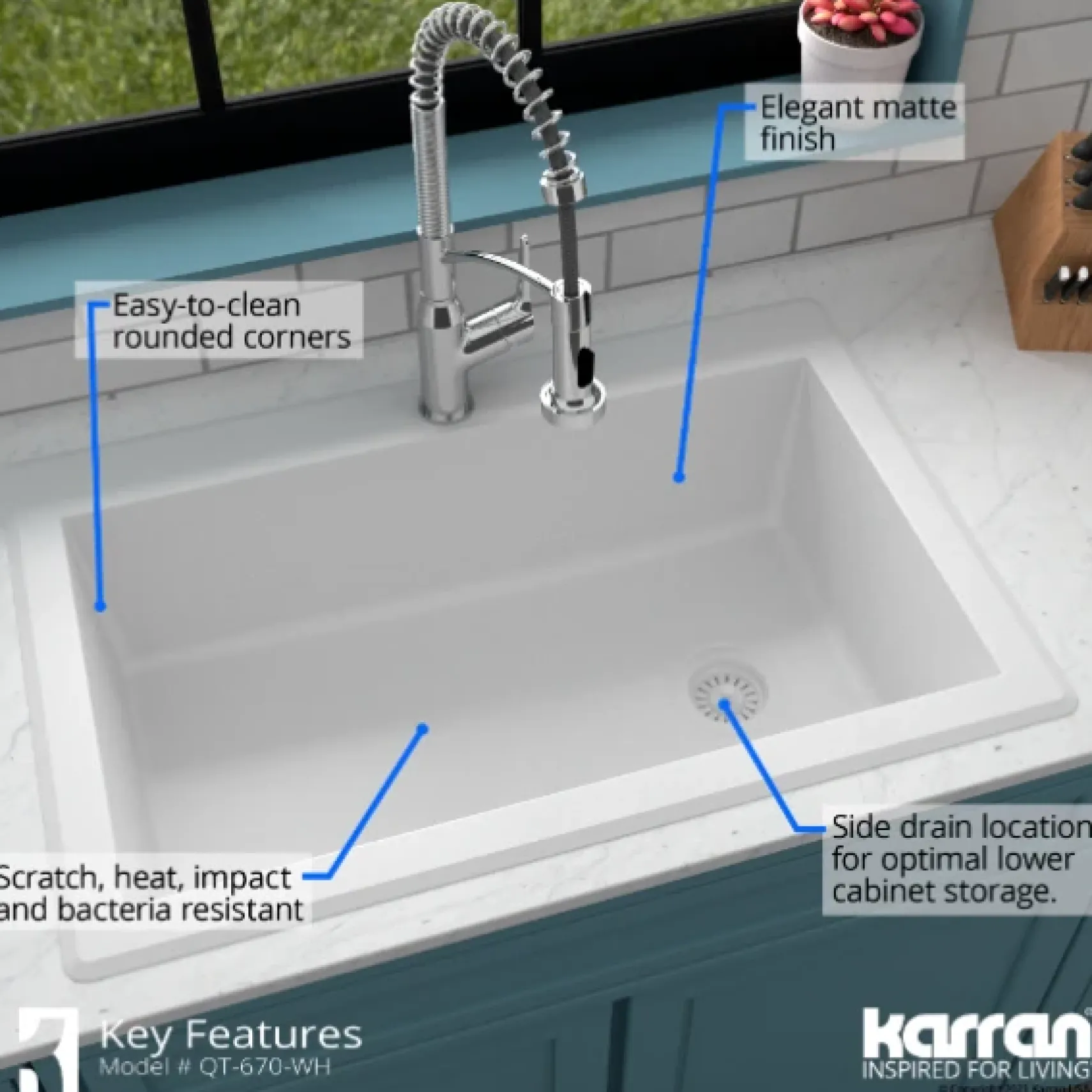 Karran 33" Drop In/Topmount Quartz Composite Kitchen Sink, White, QT-670-WH-PK1