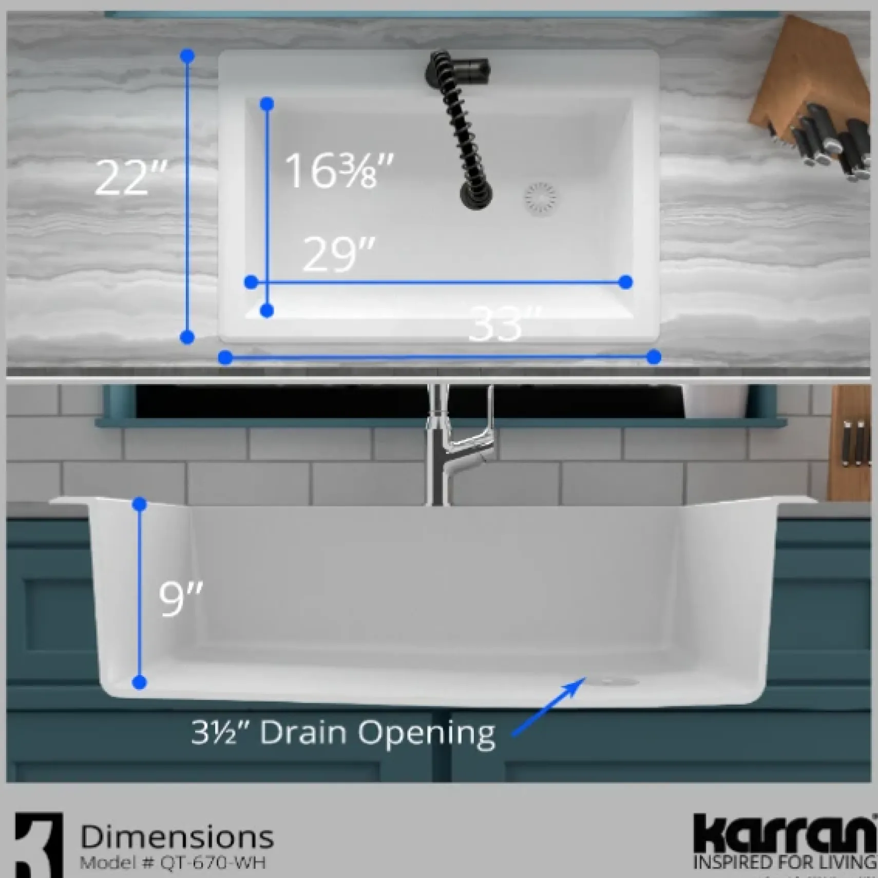 Karran 33" Drop In/Topmount Quartz Composite Kitchen Sink, White, QT-670-WH-PK1