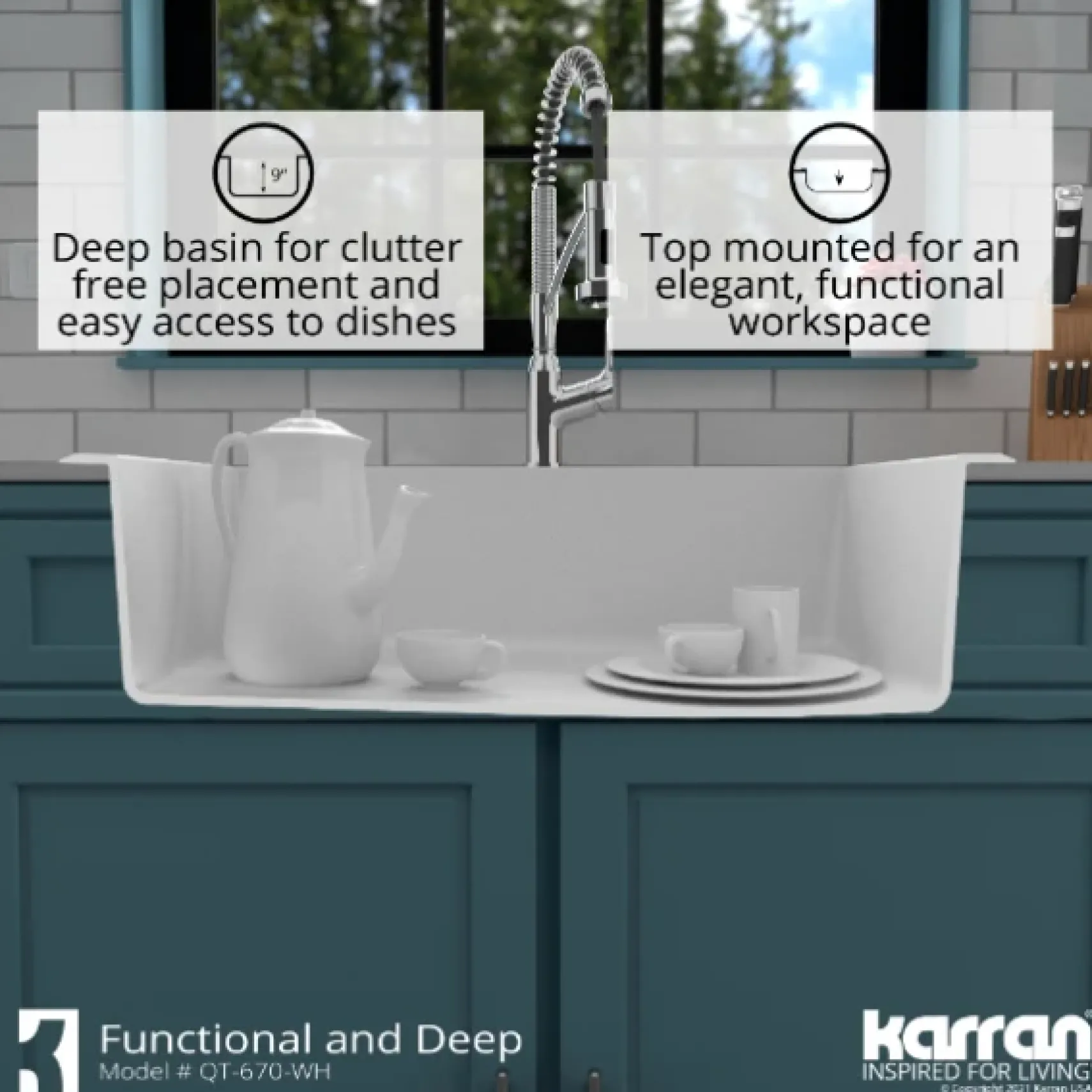 Karran 33" Drop In/Topmount Quartz Composite Kitchen Sink, White, QT-670-WH-PK1