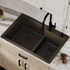 Karran 33" Drop In/Topmount Quartz Composite Kitchen Sink, 60/40 Double Bowl, Brown, QT-811-BR