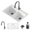 Karran 33" Drop In/Topmount Quartz Composite Kitchen Sink with Gunmetal Grey Faucet and Accessories, 50/50 Double Bowl, White, QT710WHKKF330GG