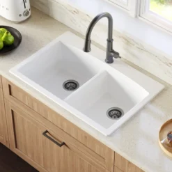 Karran 33" Drop In/Topmount Quartz Composite Kitchen Sink with Gunmetal Grey Faucet and Accessories, 50/50 Double Bowl, White, QT710WHKKF330GG