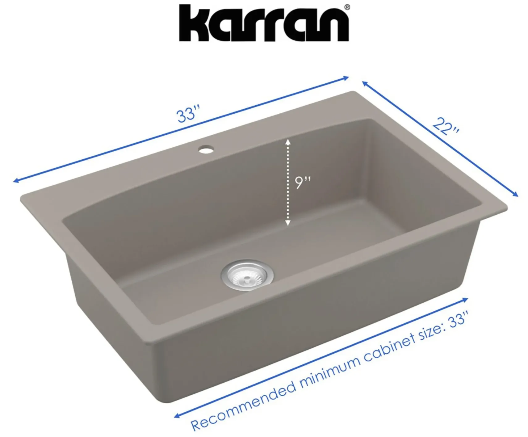 Karran 33" Drop In/Topmount Quartz Composite Kitchen Sink, Concrete, QT-712-CN-PK1