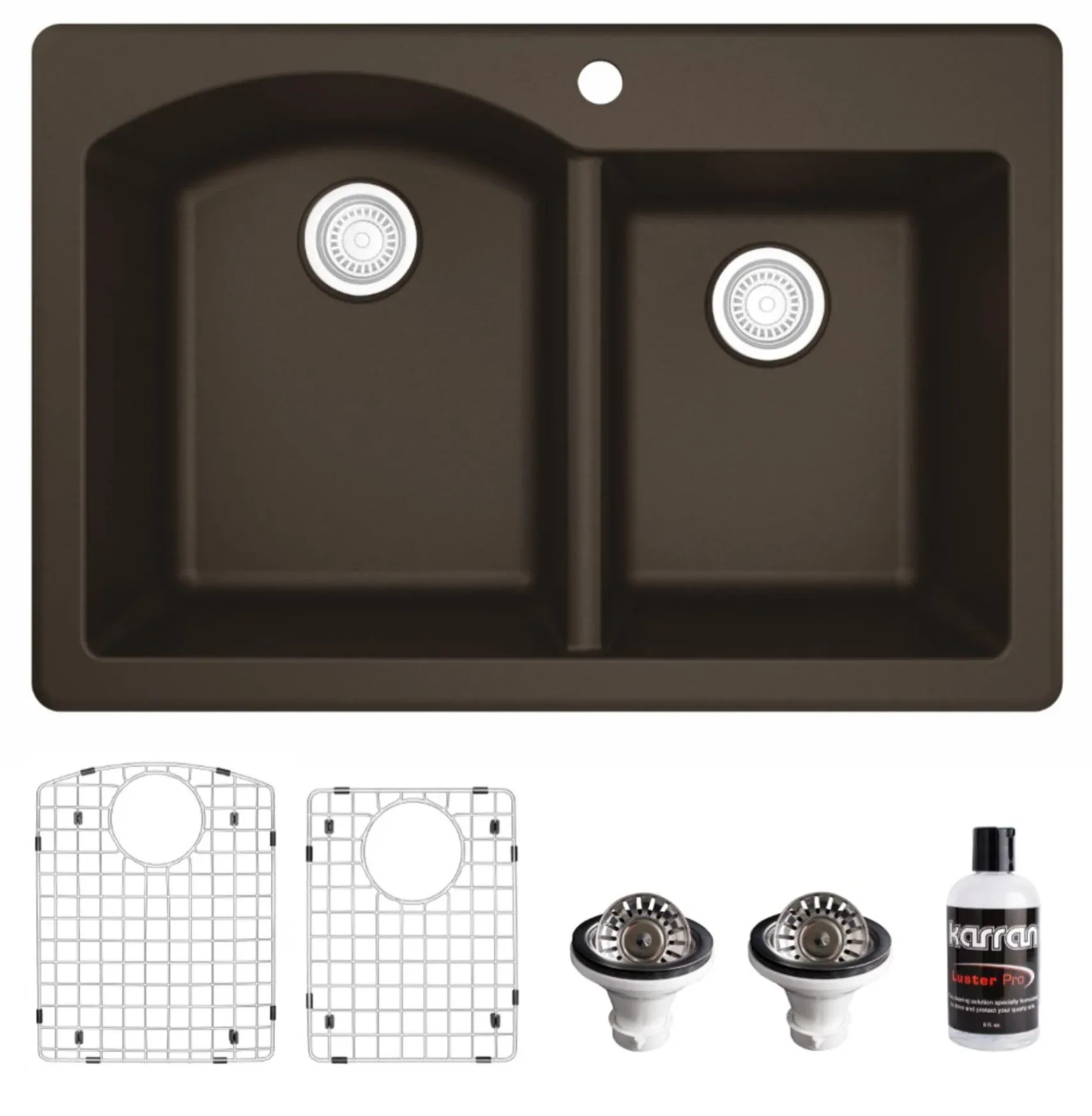 Karran 33" Drop In/Topmount Quartz Composite Kitchen Sink, 60/40 Double Bowl, Brown, QT-610-BR-PK1