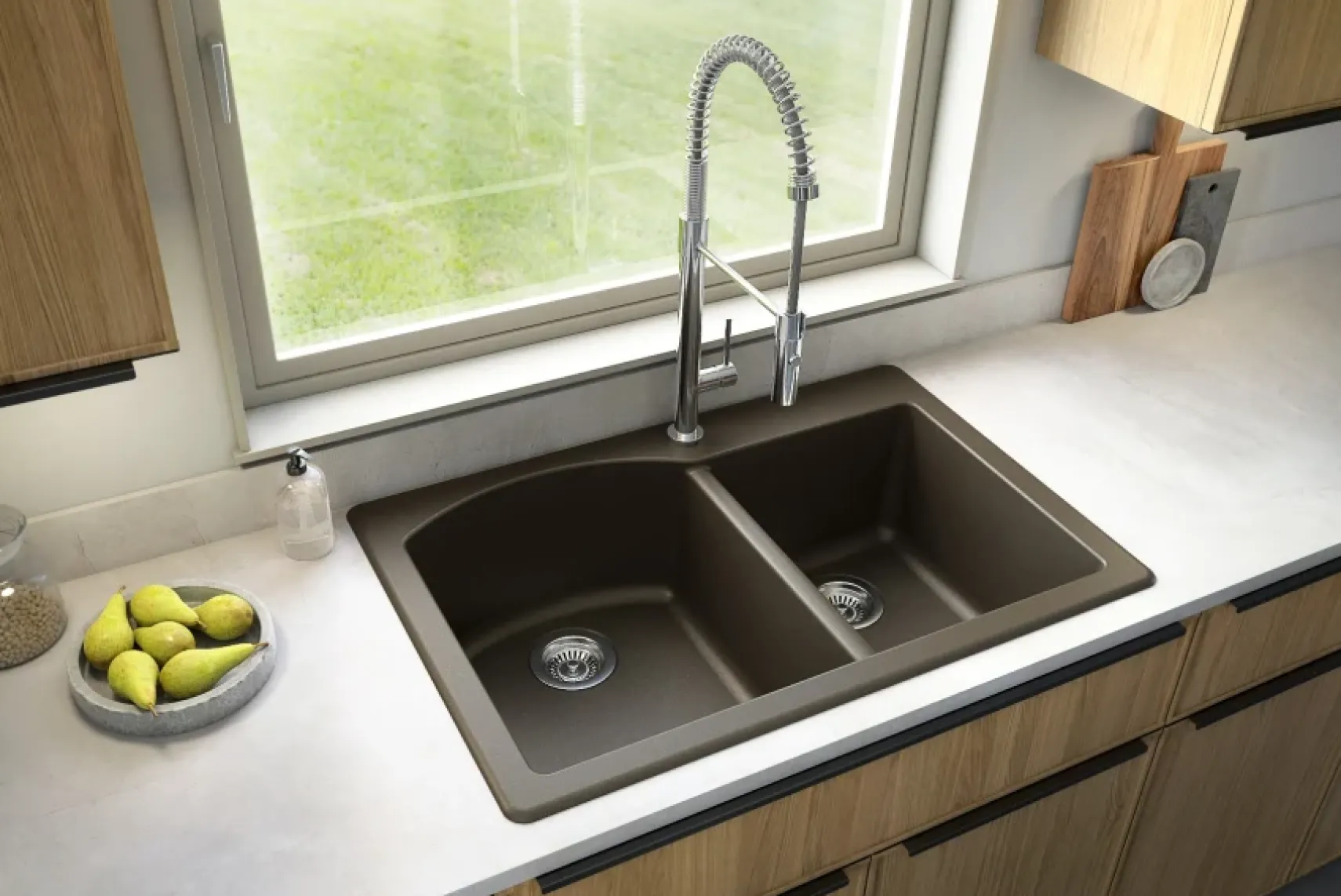 Karran 33" Drop In/Topmount Quartz Composite Kitchen Sink, 60/40 Double Bowl, Brown, QT-610-BR-PK1