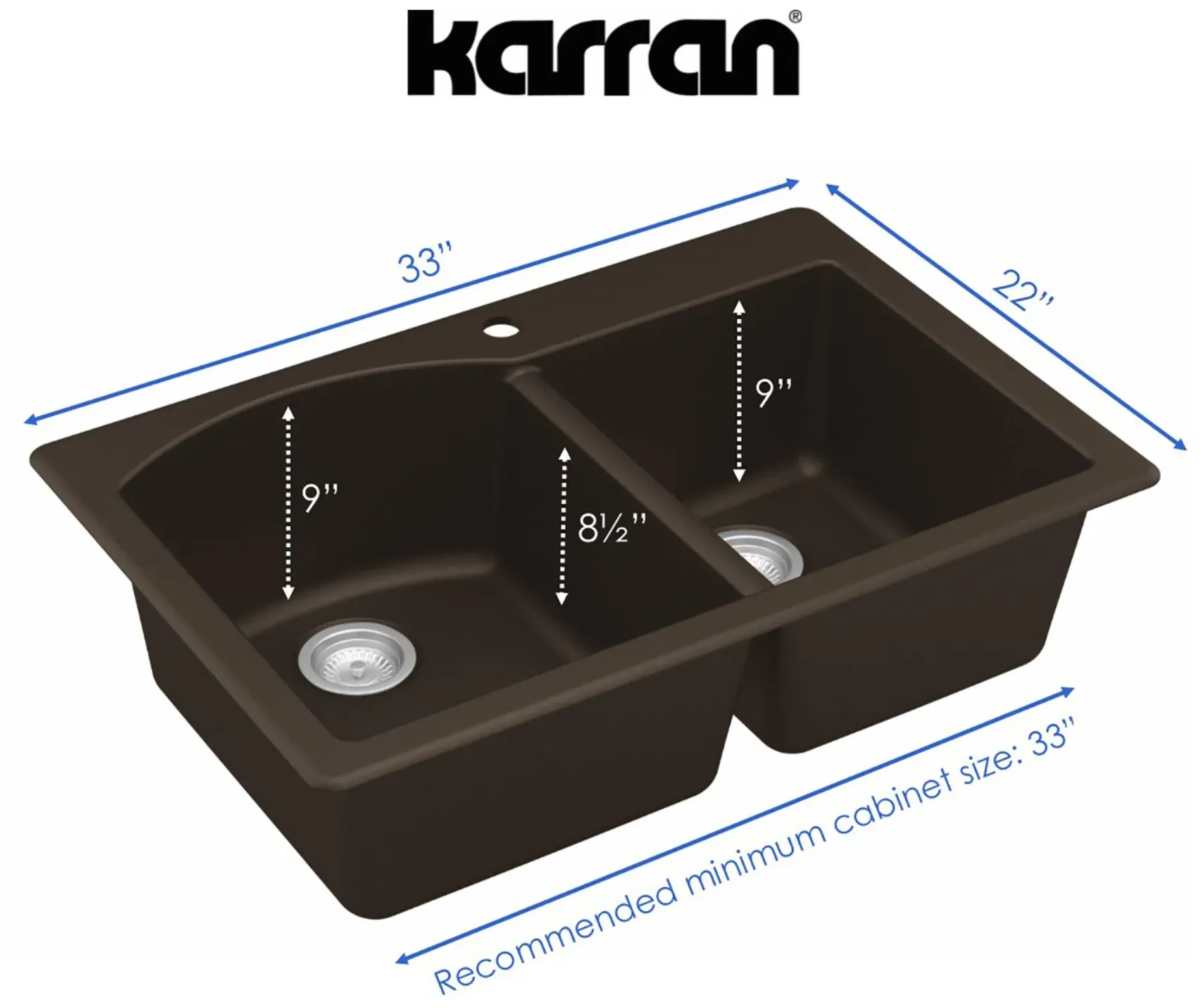 Karran 33" Drop In/Topmount Quartz Composite Kitchen Sink, 60/40 Double Bowl, Brown, QT-610-BR-PK1