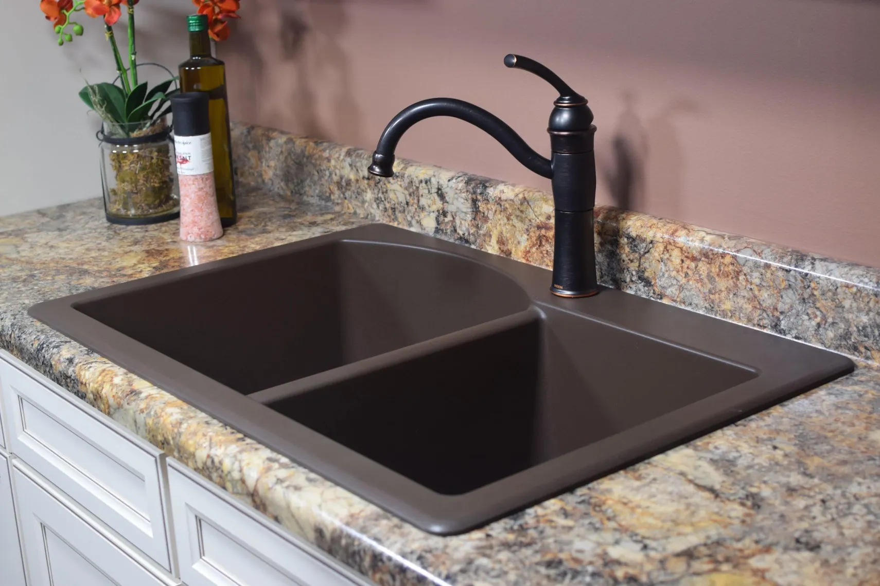 Karran 33" Drop In/Topmount Quartz Composite Kitchen Sink, 60/40 Double Bowl, Brown, QT-610-BR-PK1