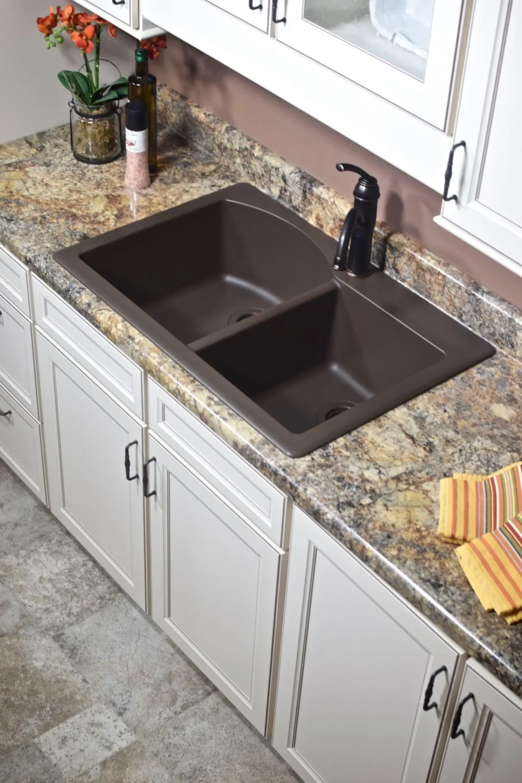 Karran 33" Drop In/Topmount Quartz Composite Kitchen Sink, 60/40 Double Bowl, Brown, QT-610-BR-PK1