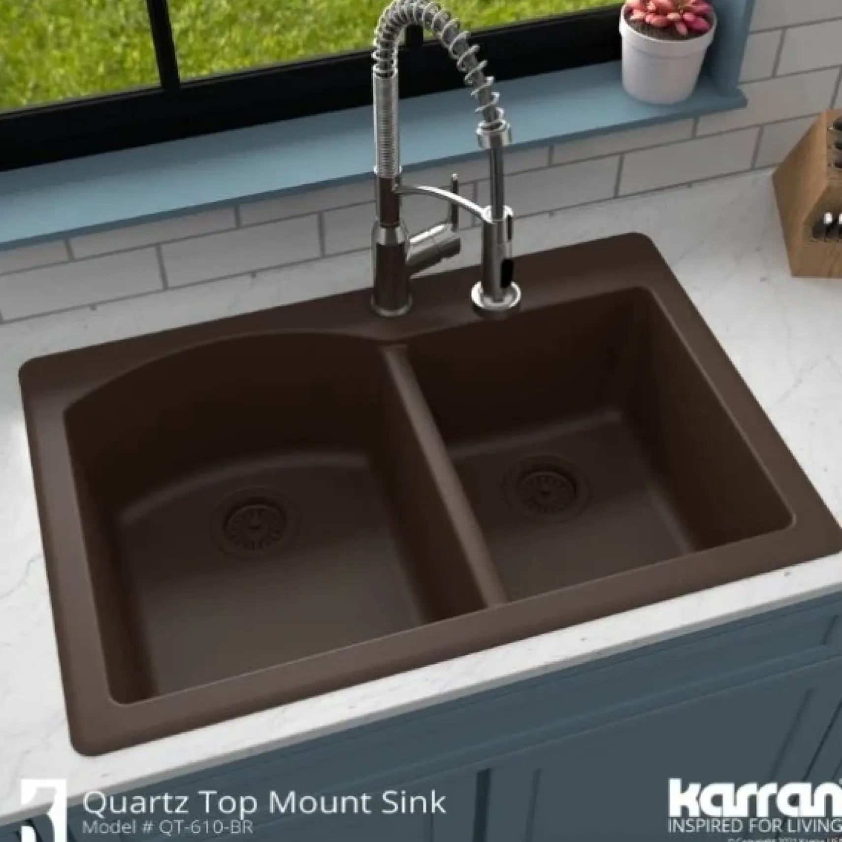 Karran 33" Drop In/Topmount Quartz Composite Kitchen Sink, 60/40 Double Bowl, Brown, QT-610-BR-PK1