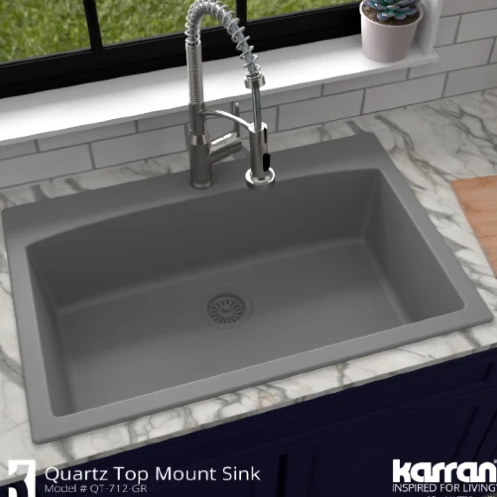 Karran 33" Drop In/Topmount Quartz Composite Kitchen Sink, Grey, QT-712-GR-PK1