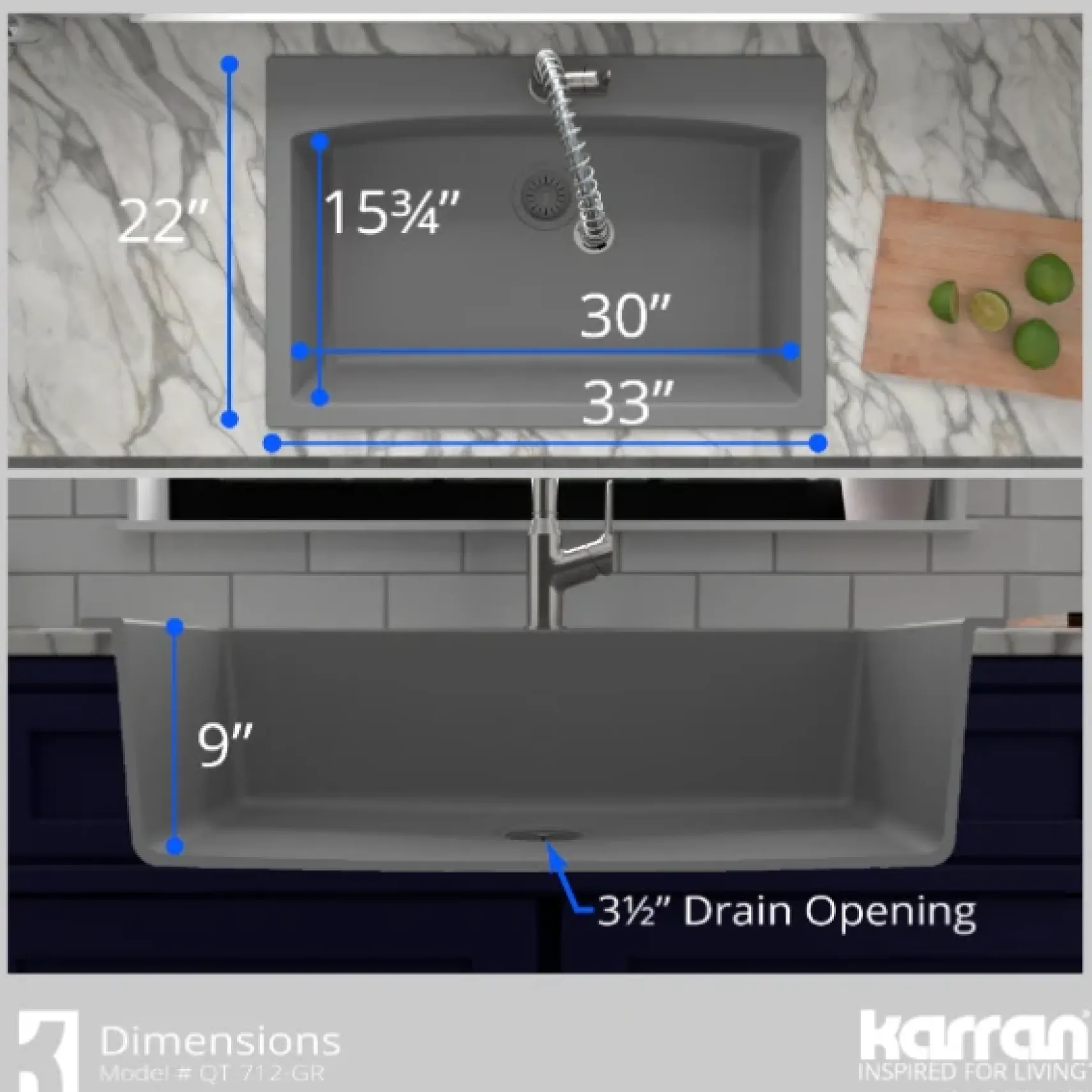 Karran 33" Drop In/Topmount Quartz Composite Kitchen Sink, Grey, QT-712-GR-PK1