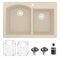 Karran 33" Drop In/Topmount Quartz Composite Kitchen Sink, 60/40 Double Bowl, Bisque, QT-610-BI-PK1
