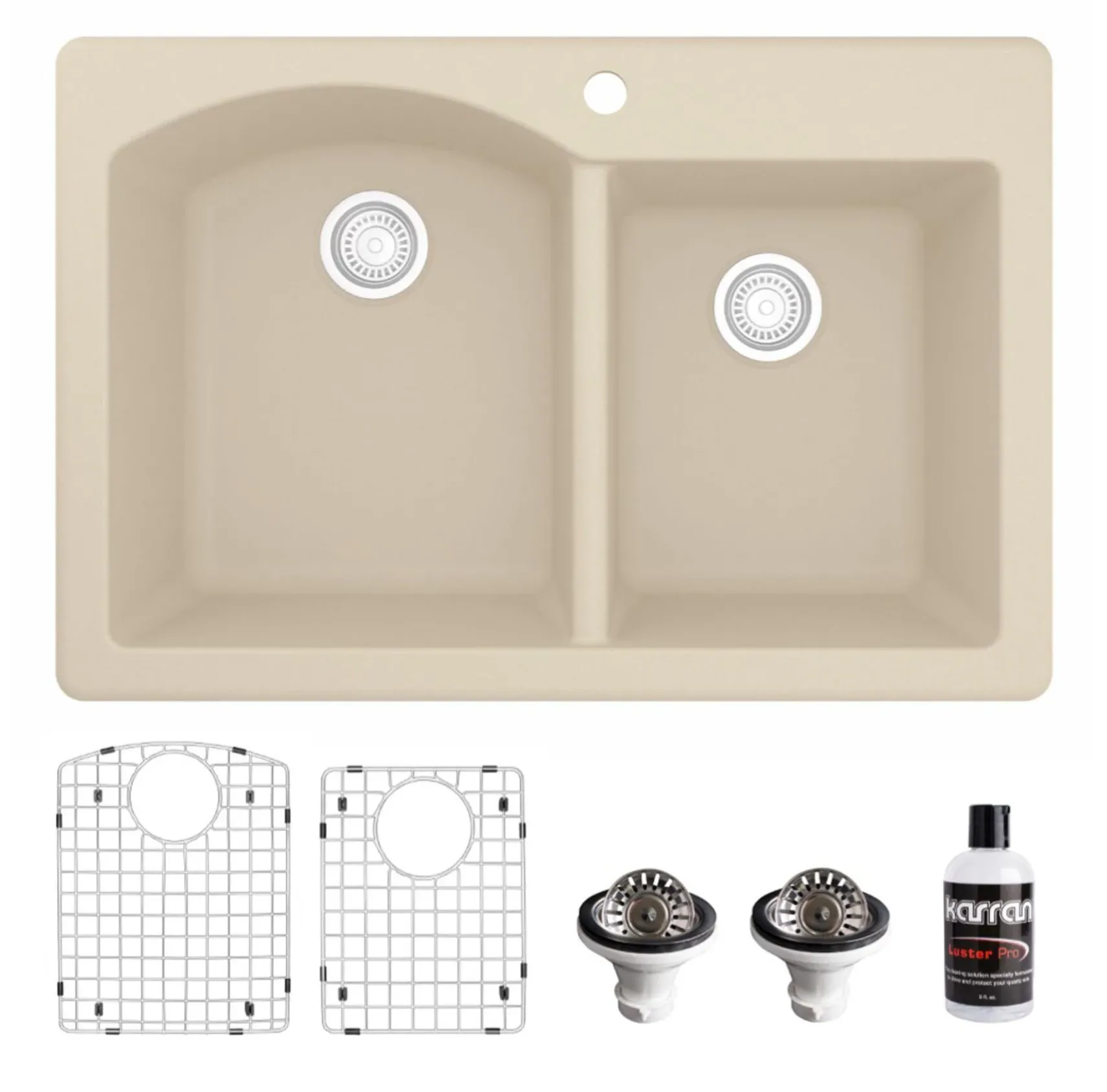 Karran 33" Drop In/Topmount Quartz Composite Kitchen Sink, 60/40 Double Bowl, Bisque, QT-610-BI-PK1