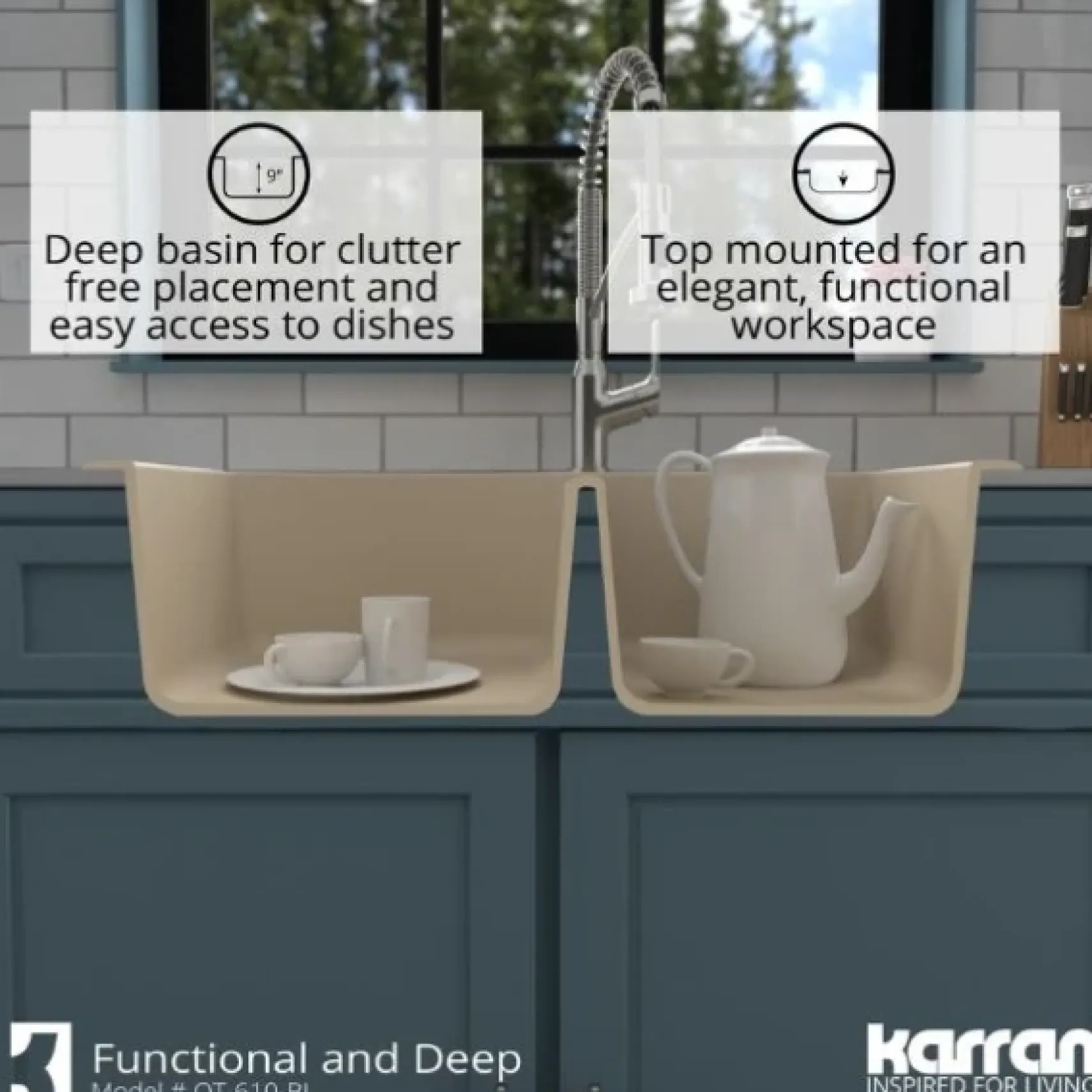 Karran 33" Drop In/Topmount Quartz Composite Kitchen Sink, 60/40 Double Bowl, Bisque, QT-610-BI-PK1