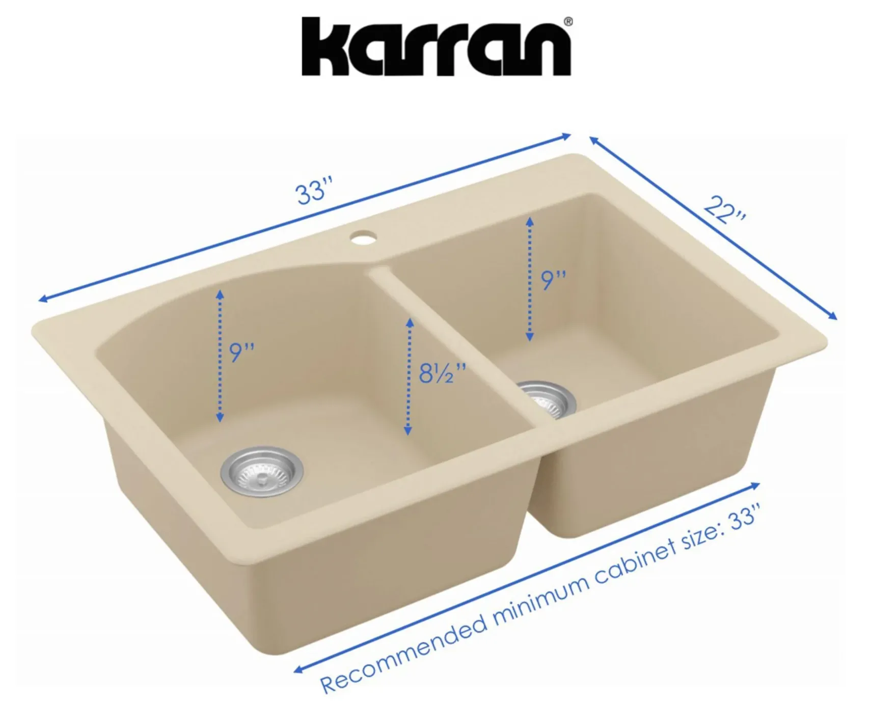Karran 33" Drop In/Topmount Quartz Composite Kitchen Sink, 60/40 Double Bowl, Bisque, QT-610-BI-PK1