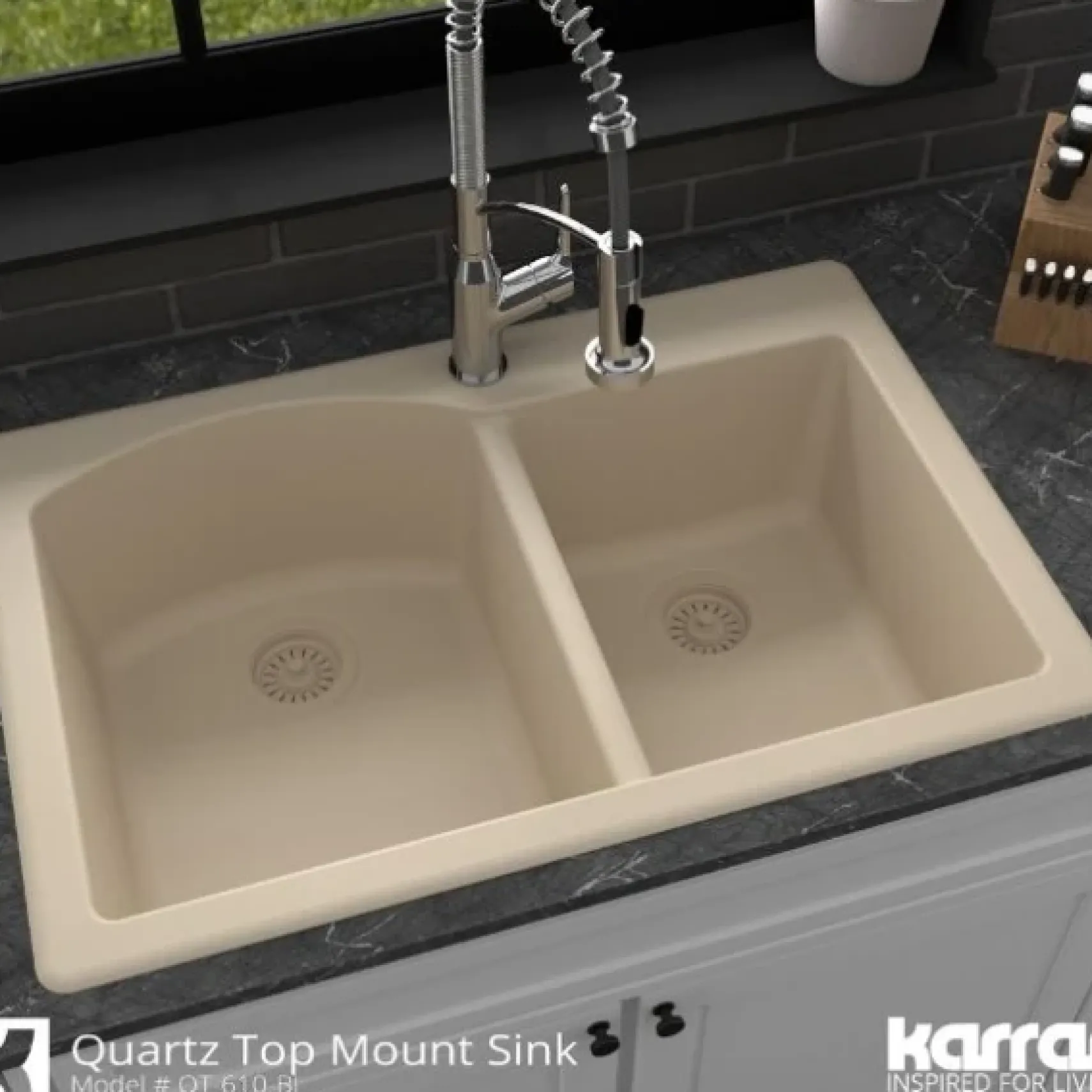 Karran 33" Drop In/Topmount Quartz Composite Kitchen Sink, 60/40 Double Bowl, Bisque, QT-610-BI-PK1