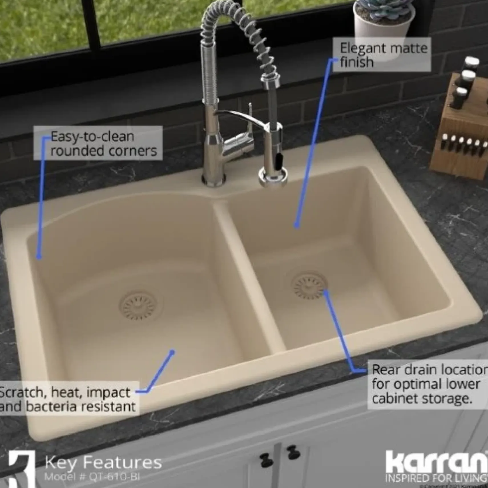 Karran 33" Drop In/Topmount Quartz Composite Kitchen Sink, 60/40 Double Bowl, Bisque, QT-610-BI-PK1