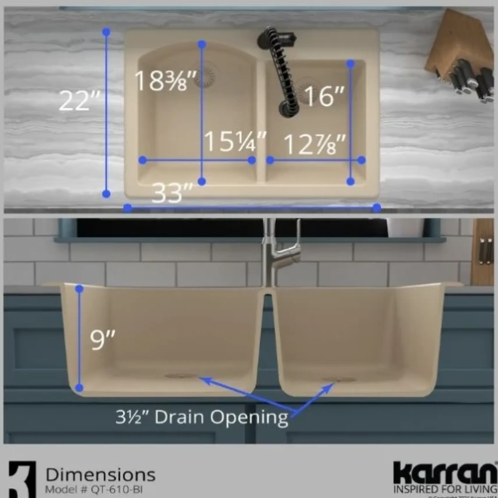 Karran 33" Drop In/Topmount Quartz Composite Kitchen Sink, 60/40 Double Bowl, Bisque, QT-610-BI-PK1