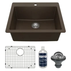 Karran 25" Drop In/Topmount Quartz Composite Kitchen Sink with Accessories, Brown, QT-820-BR-PK1