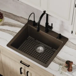 Karran 25" Drop In/Topmount Quartz Composite Kitchen Sink with Accessories, Brown, QT-820-BR-PK1