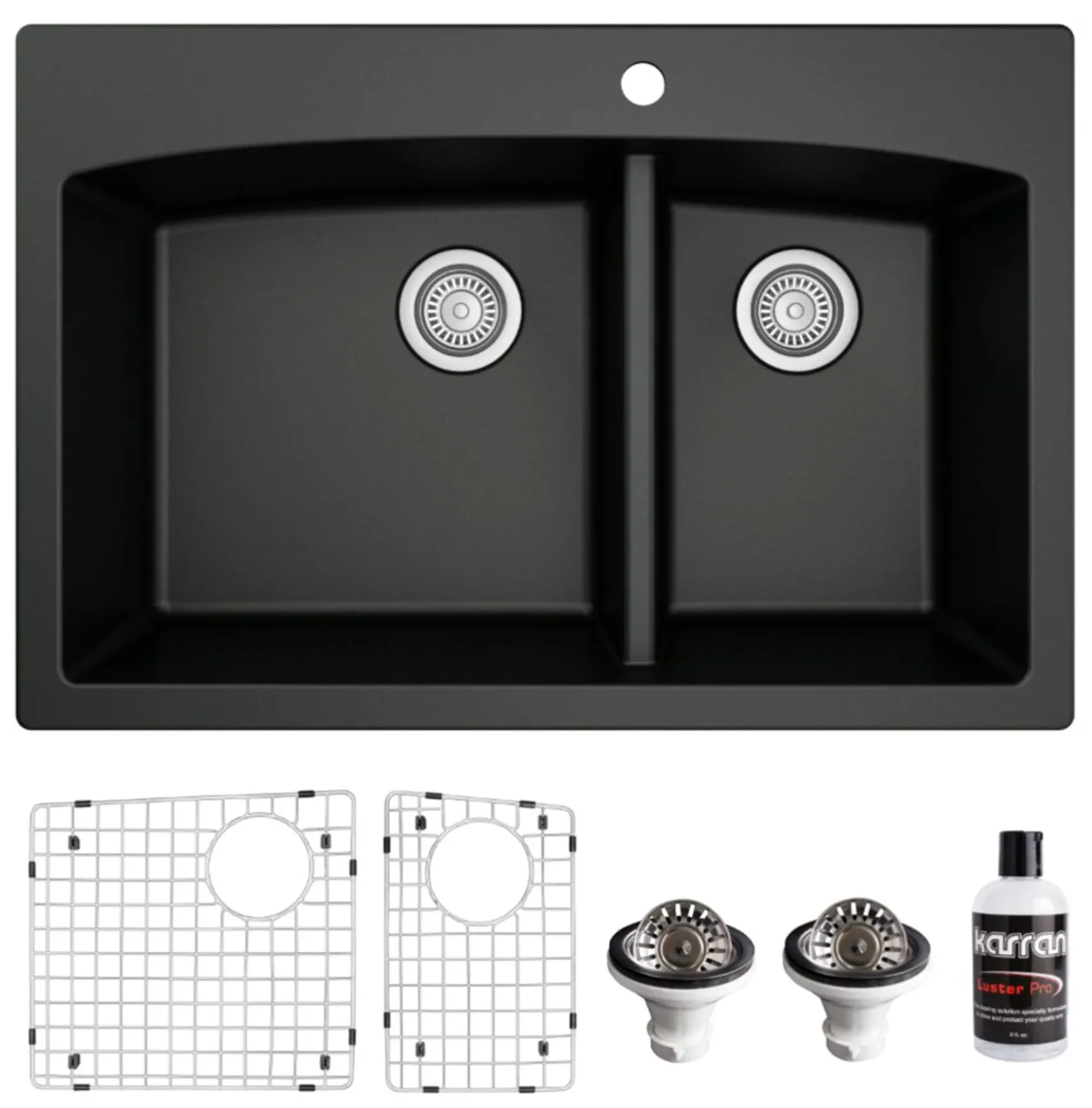 Karran 33" Drop In/Topmount Quartz Composite Kitchen Sink, 60/40 Double Bowl, Black, QT-711-BL-PK1