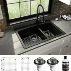 Karran 33" Drop In/Topmount Quartz Composite Kitchen Sink, 60/40 Double Bowl, Black, QT-711-BL-PK1
