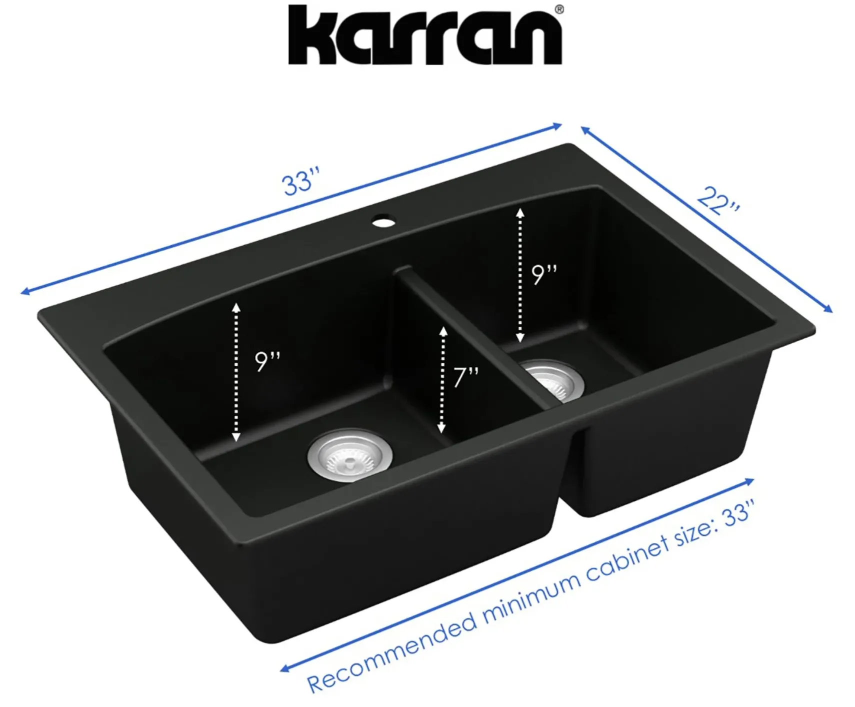 Karran 33" Drop In/Topmount Quartz Composite Kitchen Sink, 60/40 Double Bowl, Black, QT-711-BL-PK1