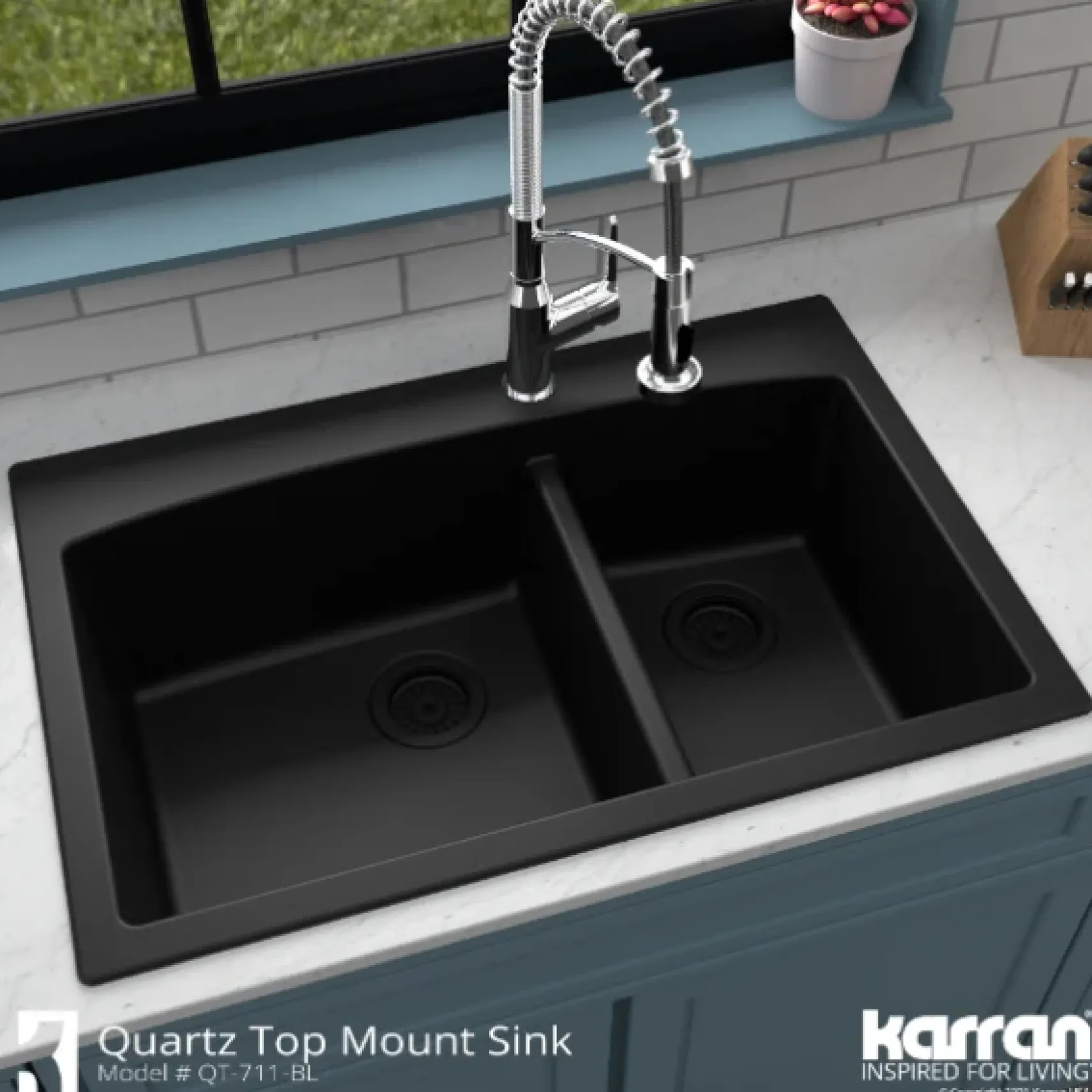 Karran 33" Drop In/Topmount Quartz Composite Kitchen Sink, 60/40 Double Bowl, Black, QT-711-BL-PK1