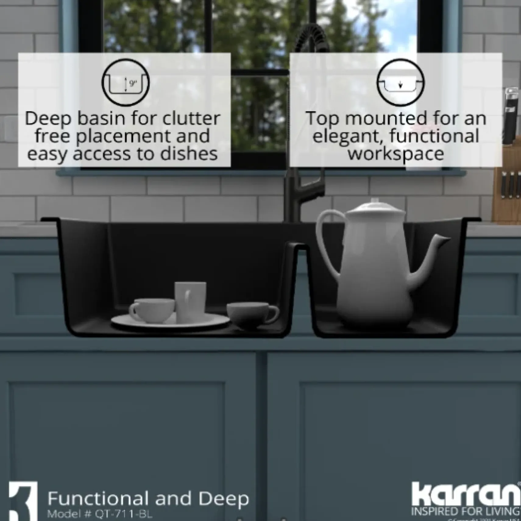 Karran 33" Drop In/Topmount Quartz Composite Kitchen Sink, 60/40 Double Bowl, Black, QT-711-BL-PK1