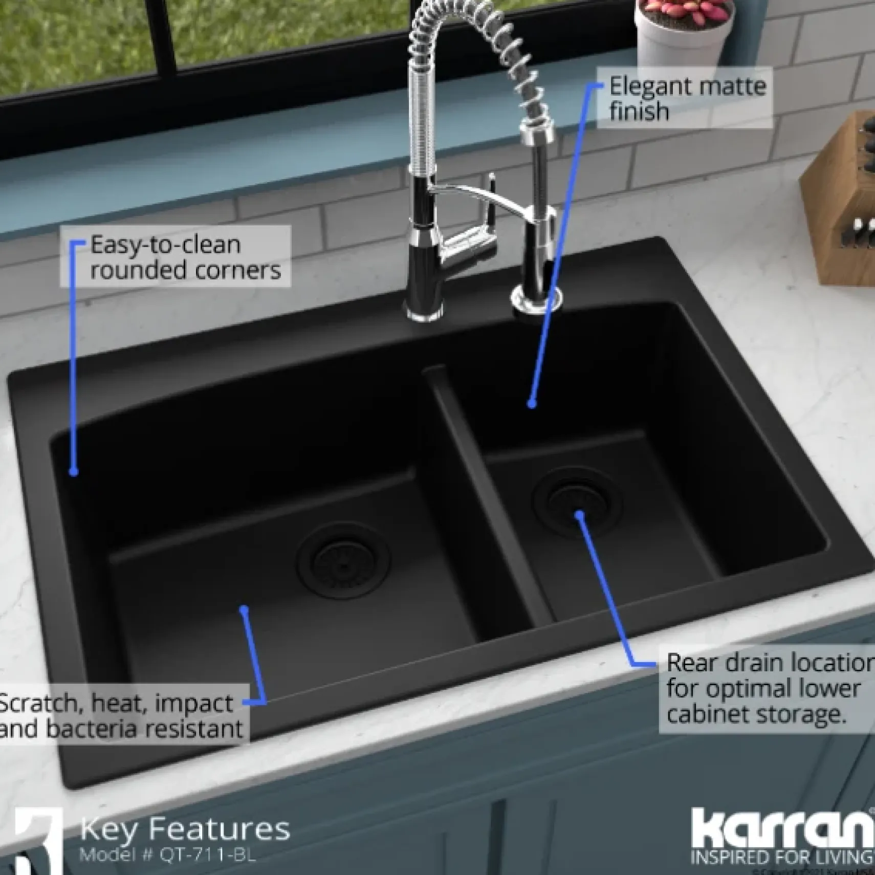 Karran 33" Drop In/Topmount Quartz Composite Kitchen Sink, 60/40 Double Bowl, Black, QT-711-BL-PK1