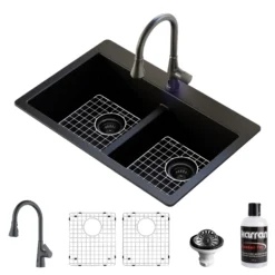 Karran 33" Drop In/Topmount Quartz Composite Kitchen Sink with Gunmetal Grey Faucet and Accessories, 50/50 Double Bowl, Black, QT810BLKKF340GG