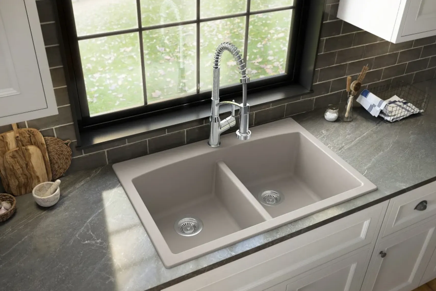 Karran 33" Drop In/Topmount Quartz Composite Kitchen Sink, 50/50 Double Bowl, Concrete, QT-710-CN