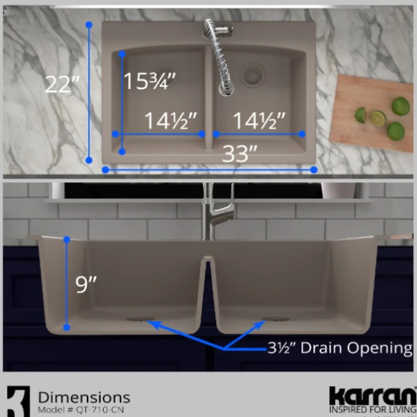 Karran 33" Drop In/Topmount Quartz Composite Kitchen Sink, 50/50 Double Bowl, Concrete, QT-710-CN
