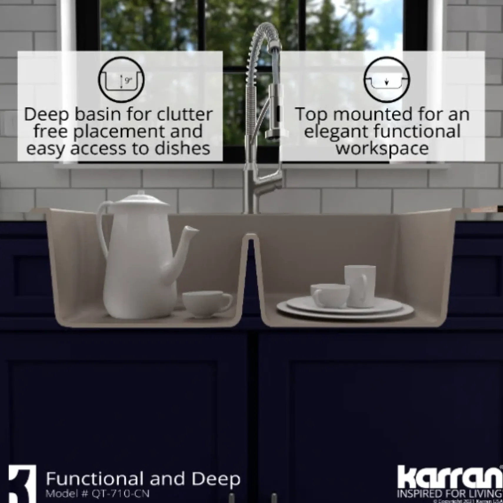 Karran 33" Drop In/Topmount Quartz Composite Kitchen Sink, 50/50 Double Bowl, Concrete, QT-710-CN