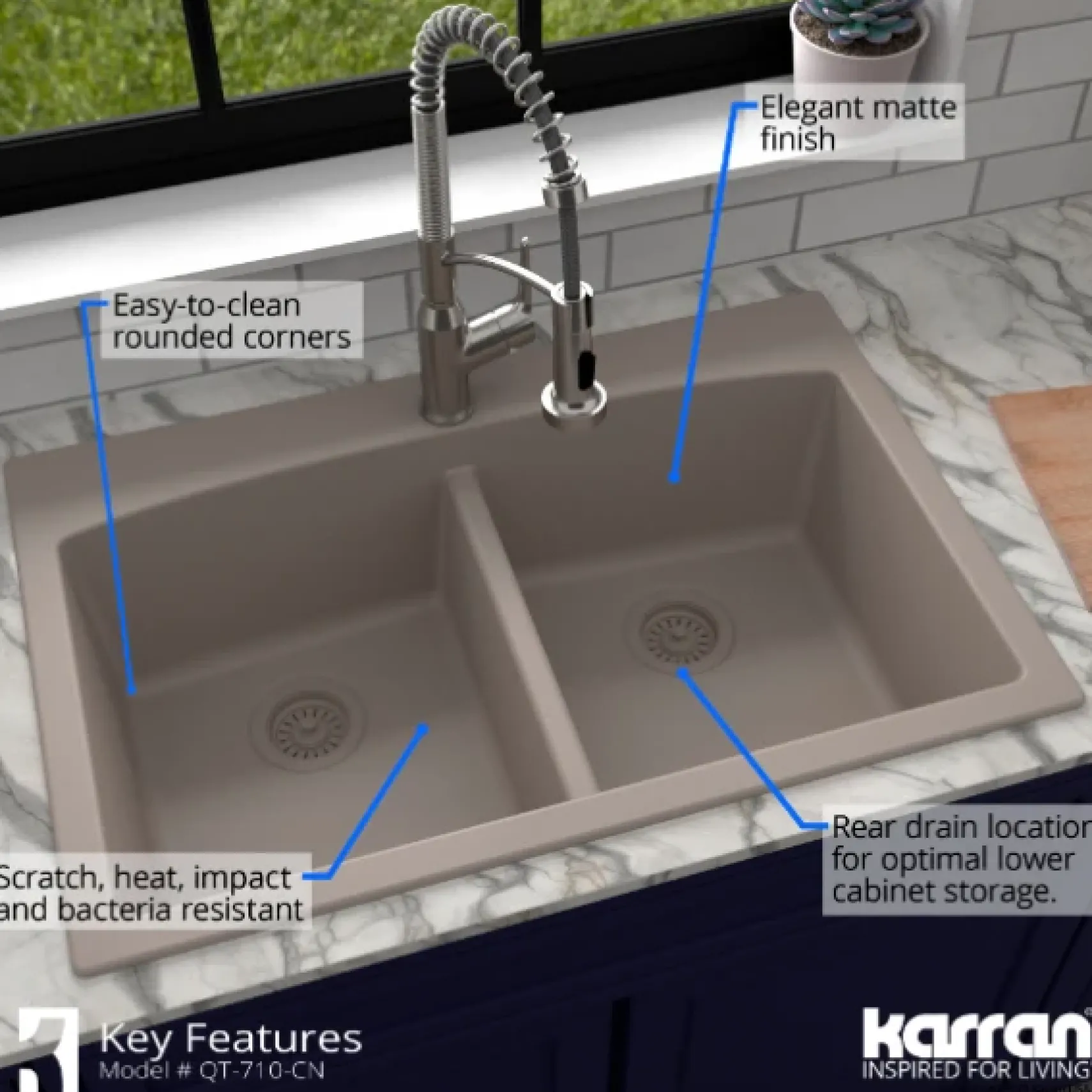 Karran 33" Drop In/Topmount Quartz Composite Kitchen Sink, 50/50 Double Bowl, Concrete, QT-710-CN