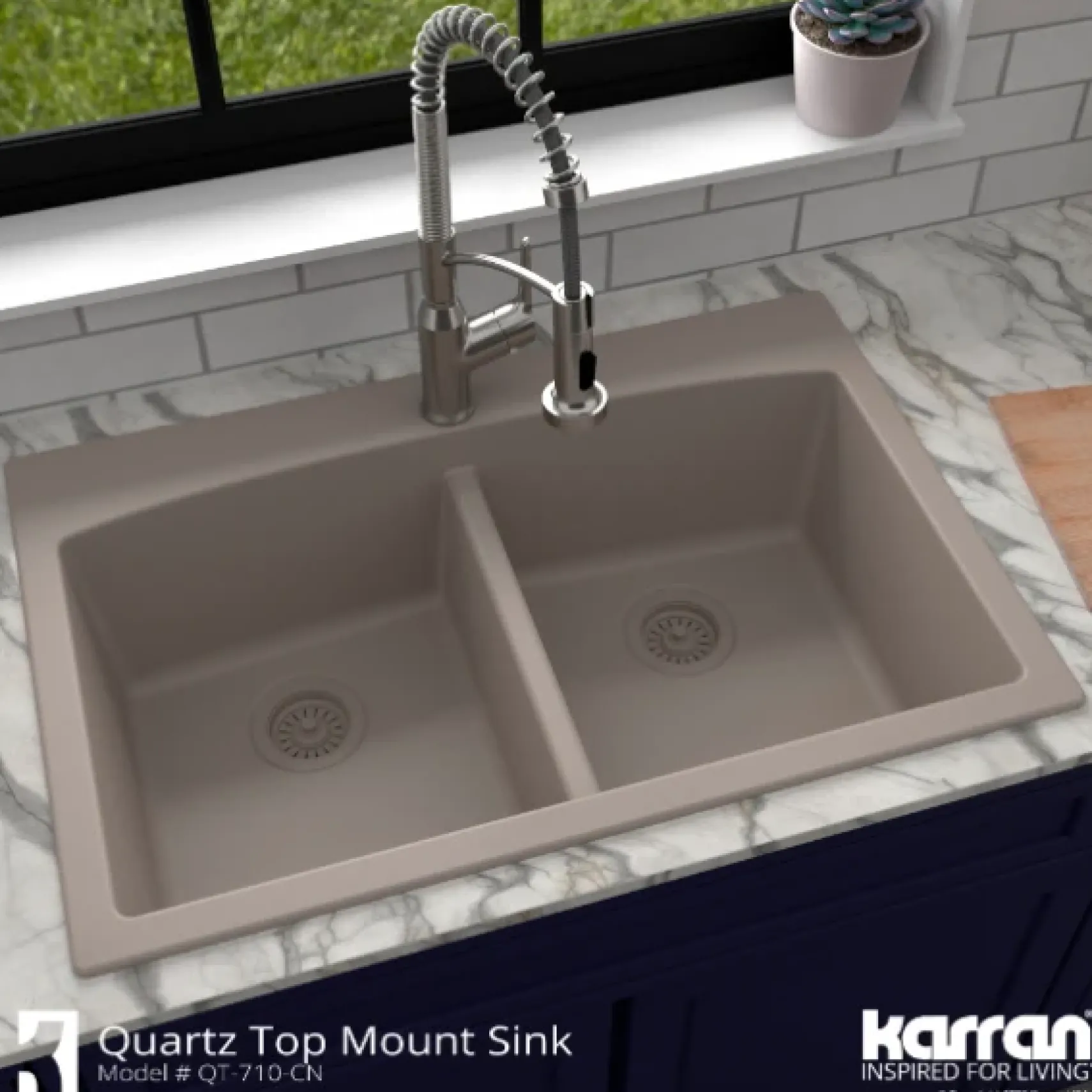 Karran 33" Drop In/Topmount Quartz Composite Kitchen Sink, 50/50 Double Bowl, Concrete, QT-710-CN
