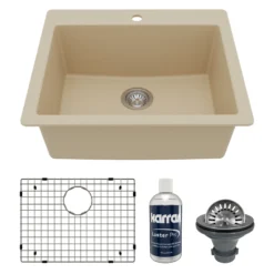 Karran 25" Drop In/Topmount Quartz Composite Kitchen Sink with Accessories, Bisque, QT-820-BI-PK1