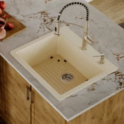 Karran 25" Drop In/Topmount Quartz Composite Kitchen Sink with Accessories, Bisque, QT-820-BI-PK1