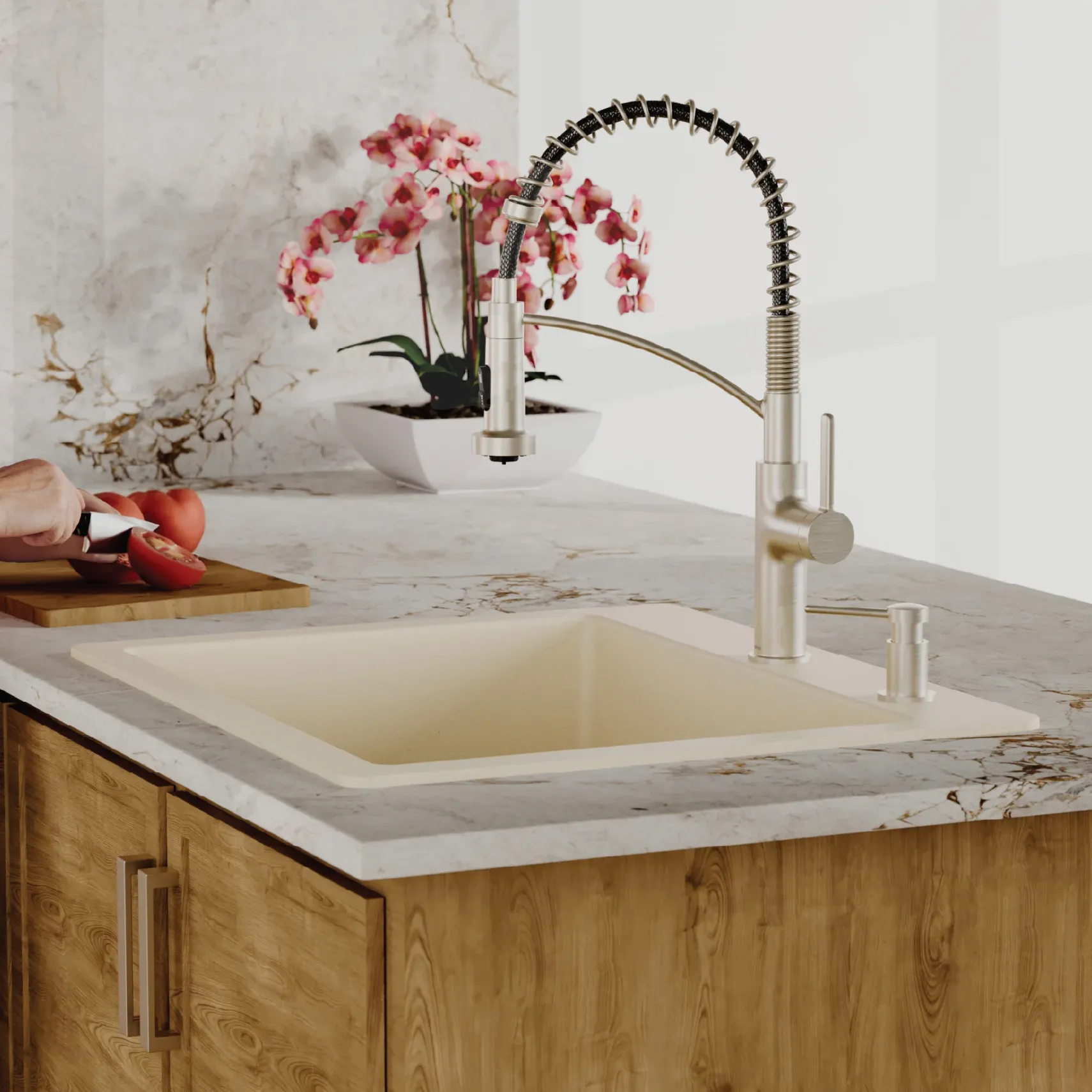 Karran 25" Drop In/Topmount Quartz Composite Kitchen Sink with Accessories, Bisque, QT-820-BI-PK1
